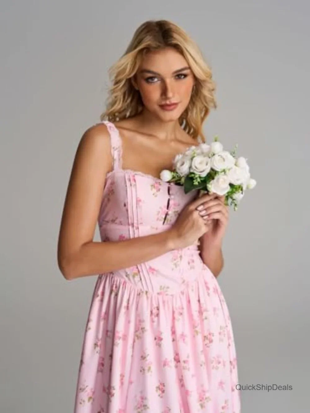 Women's Lace Corset Midi Dress Flowy Smocked A-Line with Pockets - Picture 4 of 7